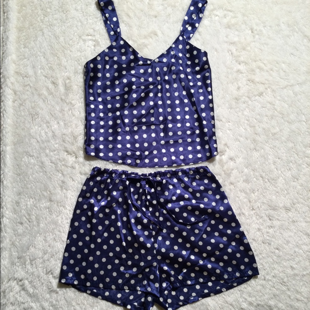 🌀2XHP!🌀VINTAGE | Satin Blue Silver Polka Dot PJs - Picture 4 of 12